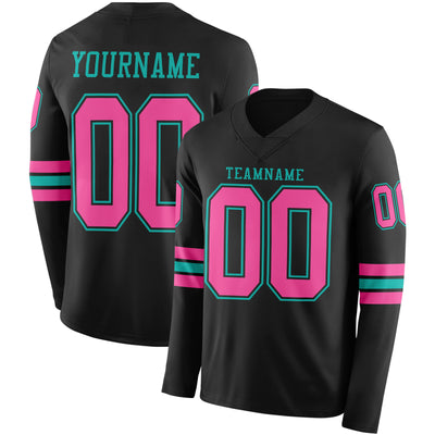 Custom Black Pink-Aqua Long Sleeve Authentic Football Jersey