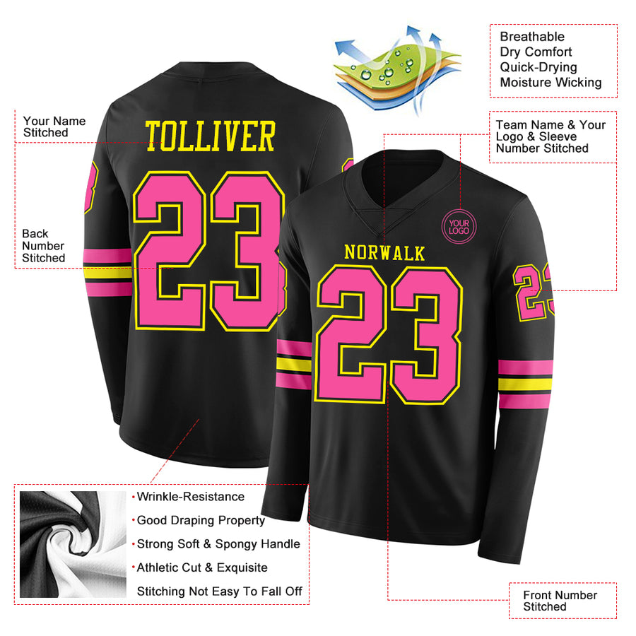 Custom Black Pink-Light Yellow Long Sleeve Authentic Football Jersey