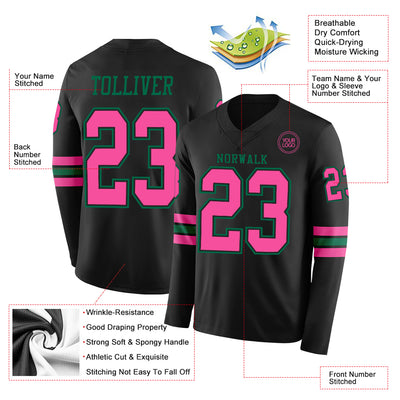 Custom Black Pink-Kelly Green Long Sleeve Authentic Football Jersey