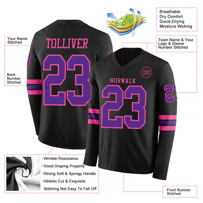 Custom Black Purple-Pink Long Sleeve Authentic Football Jersey