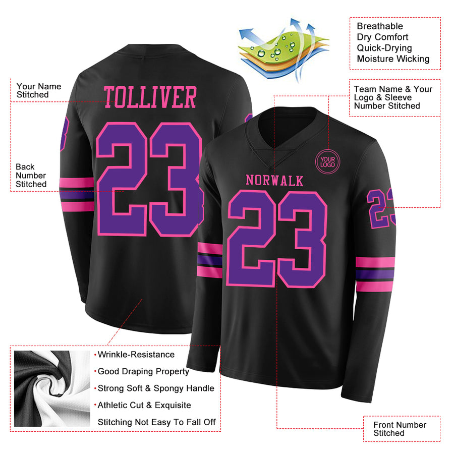 Custom Black Purple-Pink Long Sleeve Authentic Football Jersey