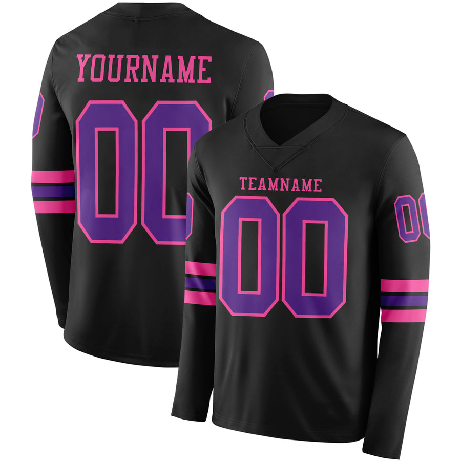 Custom Black Purple-Pink Long Sleeve Authentic Football Jersey