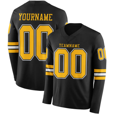 Custom Black Gold-White Long Sleeve Authentic Football Jersey