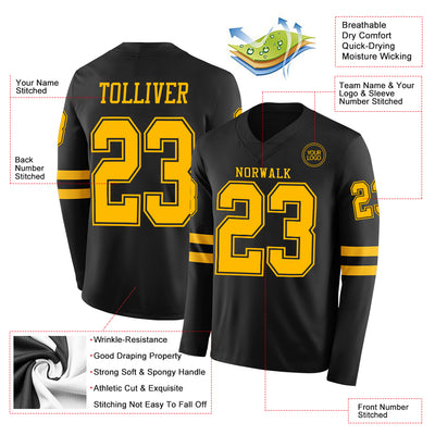 Custom Black Gold Long Sleeve Authentic Football Jersey