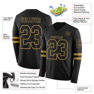 Custom Black Old Gold Long Sleeve Authentic Football Jersey