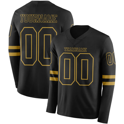 Custom Black Old Gold Long Sleeve Authentic Football Jersey