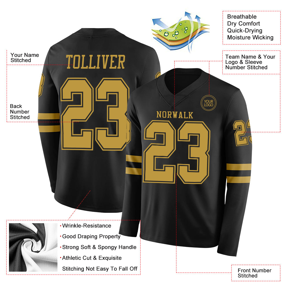 Custom Black Old Gold Long Sleeve Authentic Football Jersey