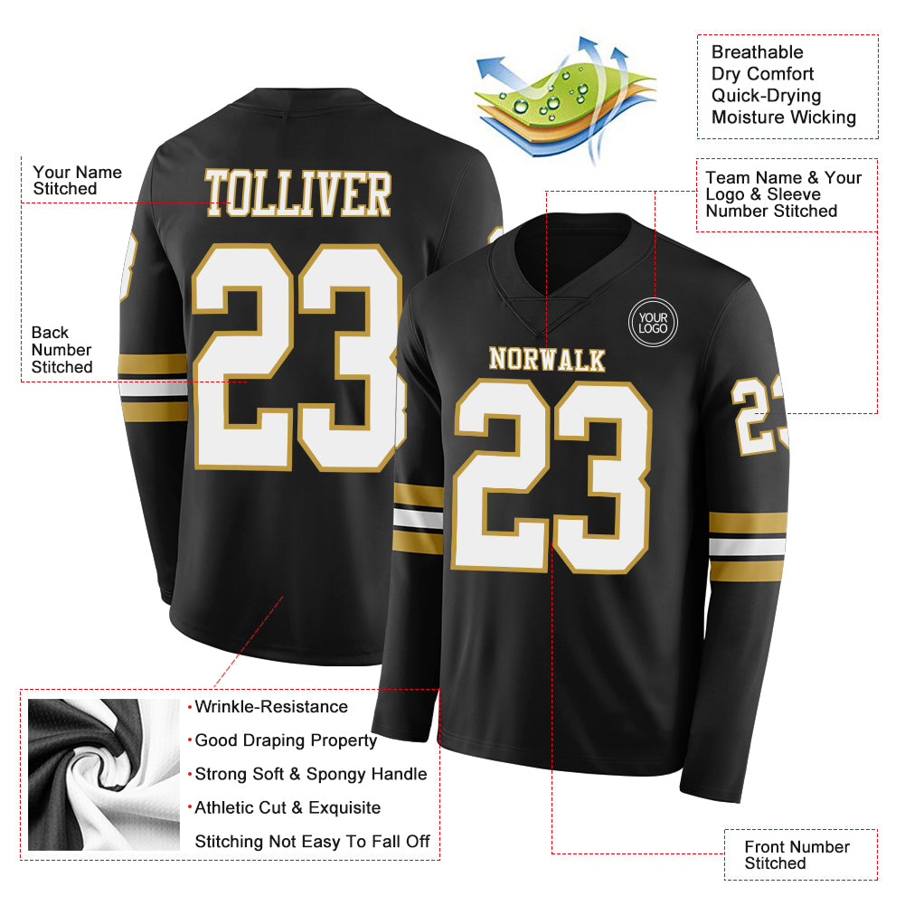 Custom Black White-Old Gold Long Sleeve Authentic Football Jersey