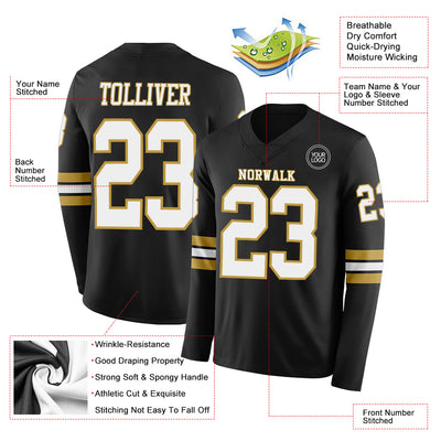 Custom Black White-Old Gold Long Sleeve Authentic Football Jersey