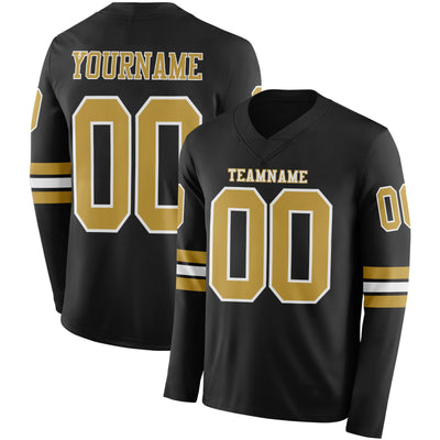 Custom Black Old Gold-White Long Sleeve Authentic Football Jersey