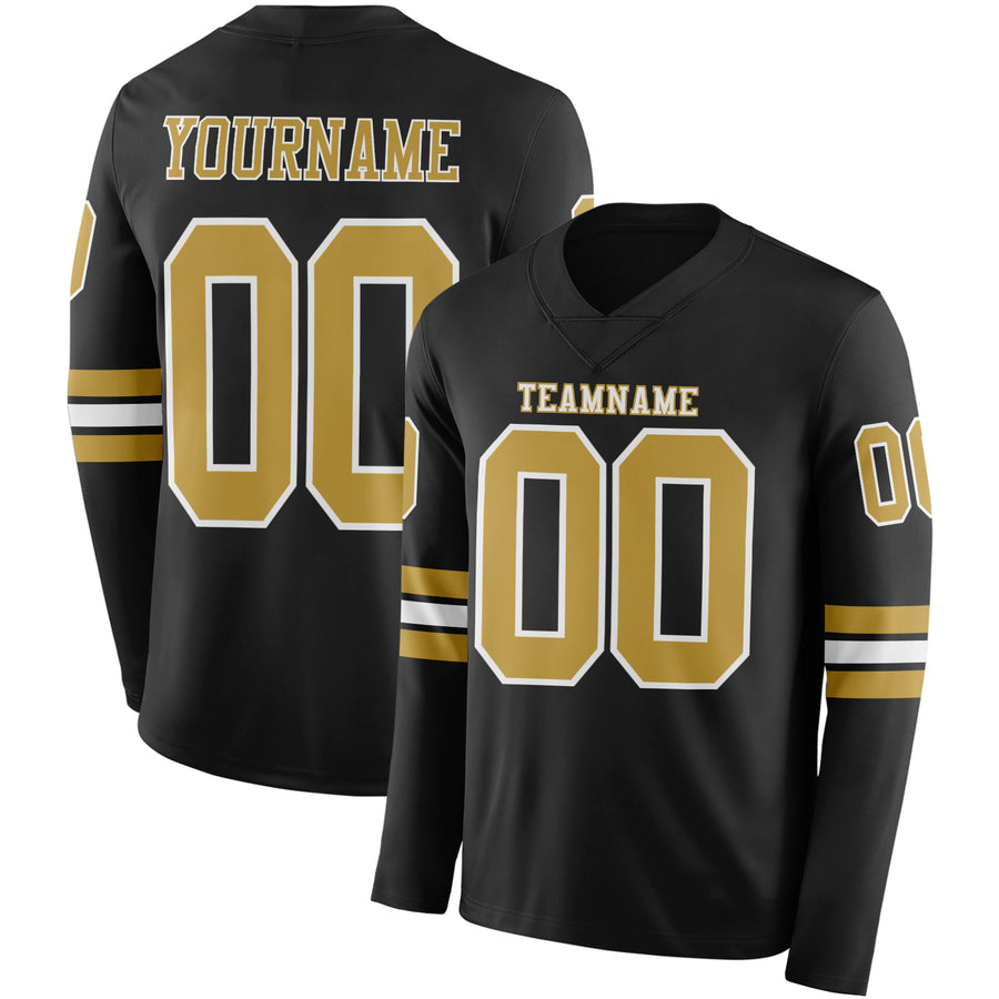 Custom Black Old Gold-White Long Sleeve Authentic Football Jersey
