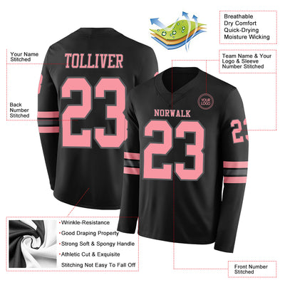 Custom Black Medium Pink-Steel Gray Long Sleeve Authentic Football Jersey