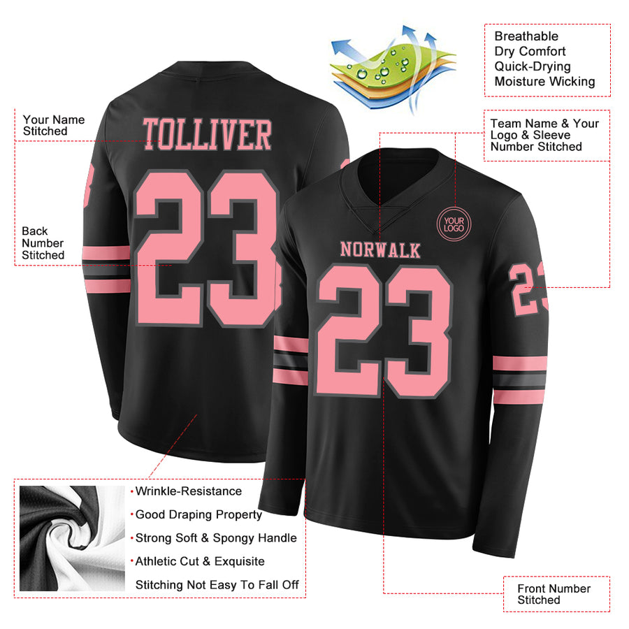 Custom Black Medium Pink-Steel Gray Long Sleeve Authentic Football Jersey