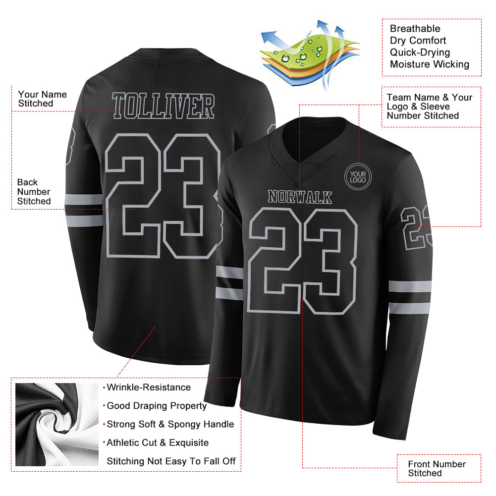Custom Black Gray Long Sleeve Authentic Football Jersey