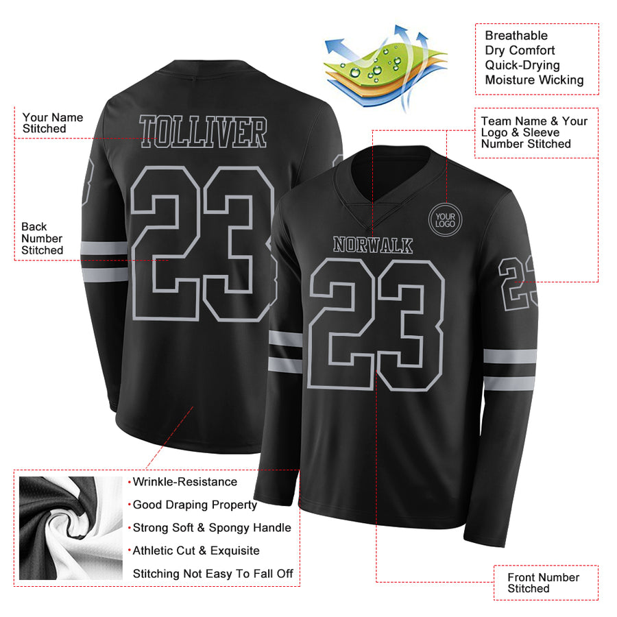 Custom Black Gray Long Sleeve Authentic Football Jersey