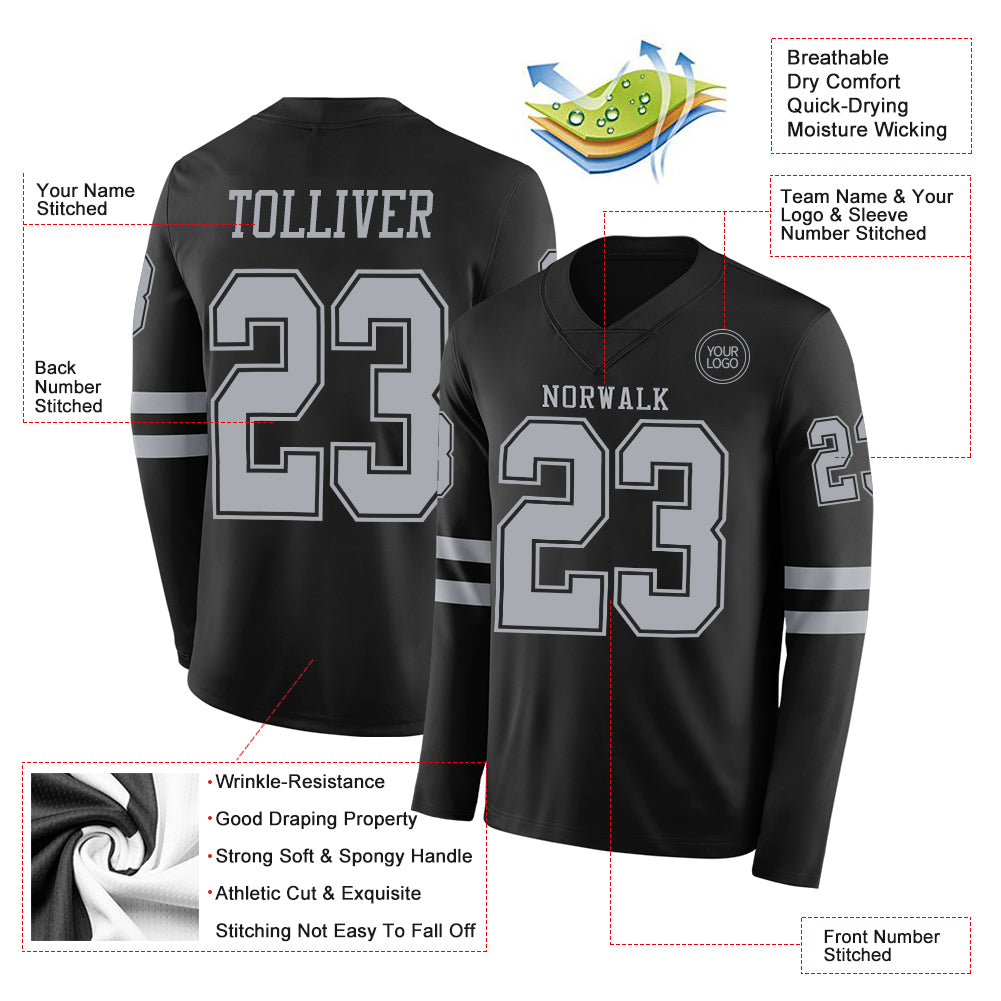 Custom Black Gray Long Sleeve Authentic Football Jersey