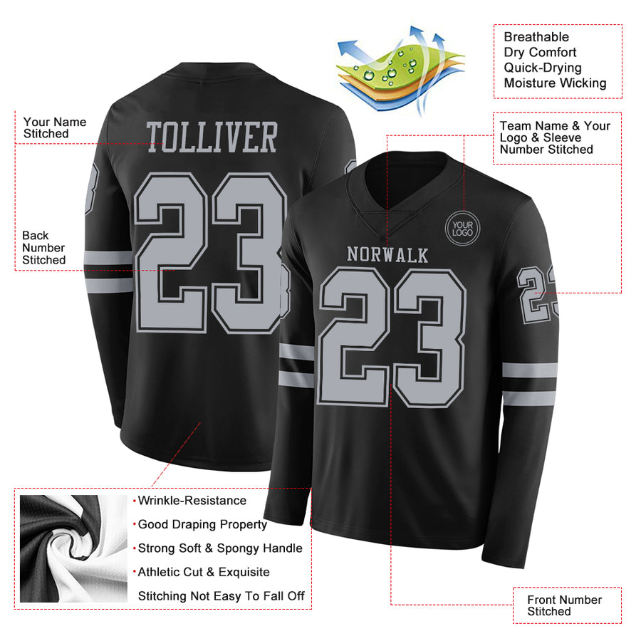 Custom Black Gray Long Sleeve Authentic Football Jersey