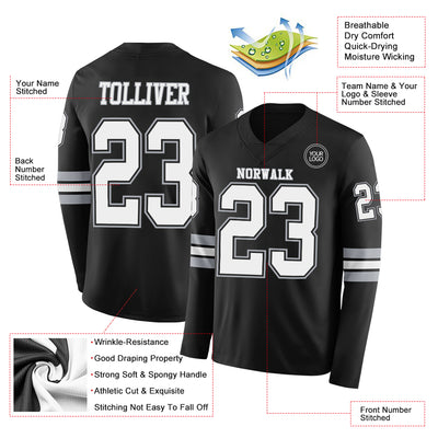 Custom Black White-Gray Long Sleeve Authentic Football Jersey