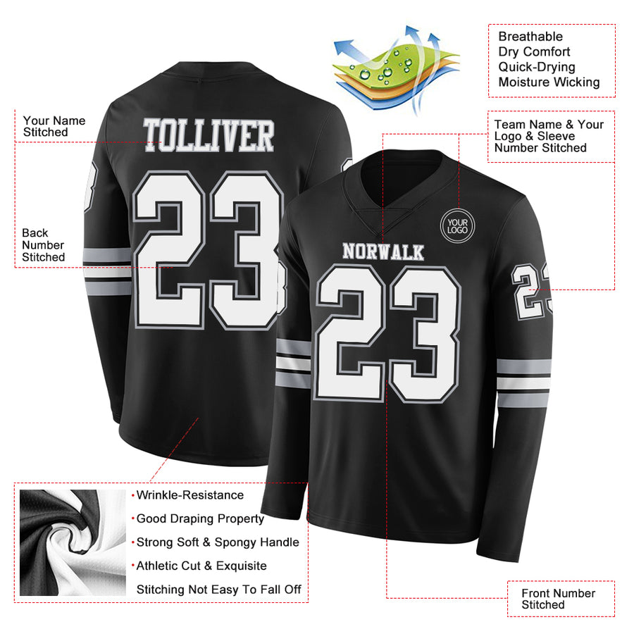 Custom Black White-Gray Long Sleeve Authentic Football Jersey