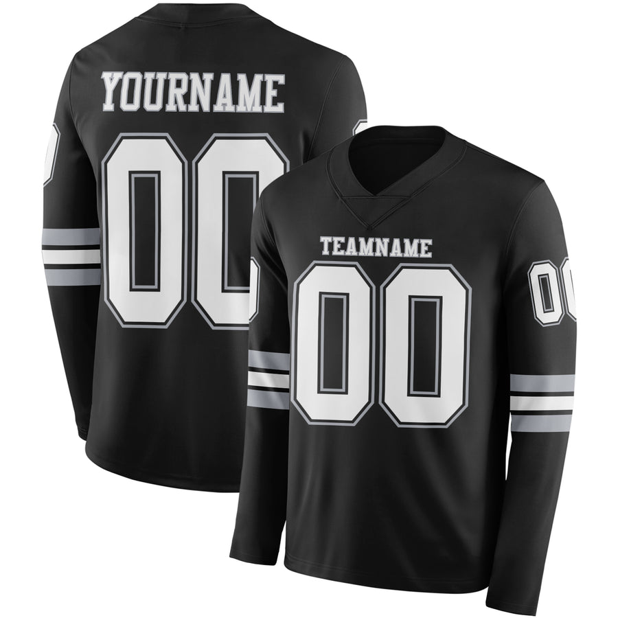 Custom Black White-Gray Long Sleeve Authentic Football Jersey