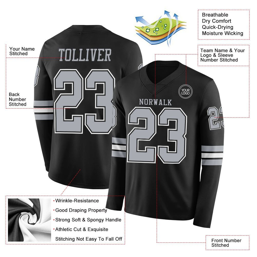 Custom Black Gray Long Sleeve Authentic Football Jersey
