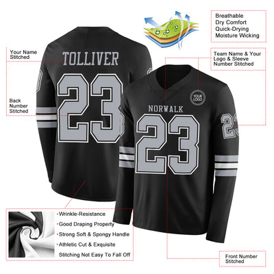 Custom Black Gray Long Sleeve Authentic Football Jersey