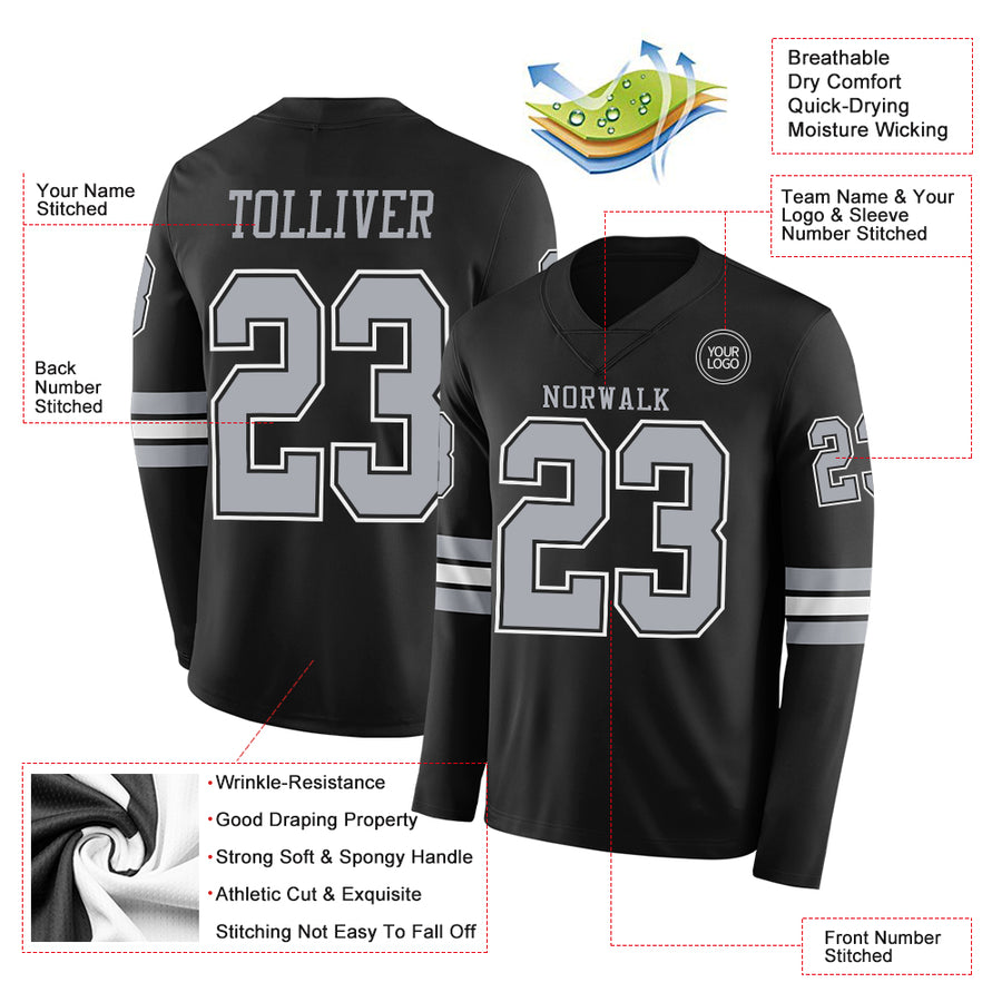 Custom Black Gray Long Sleeve Authentic Football Jersey