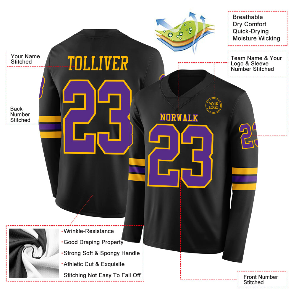 Custom Black Purple-Gold Long Sleeve Authentic Football Jersey