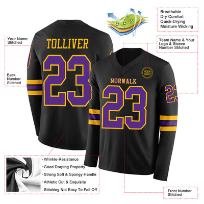 Custom Black Purple-Gold Long Sleeve Authentic Football Jersey