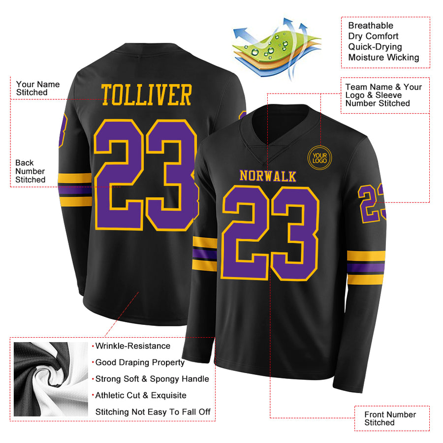 Custom Black Purple-Gold Long Sleeve Authentic Football Jersey