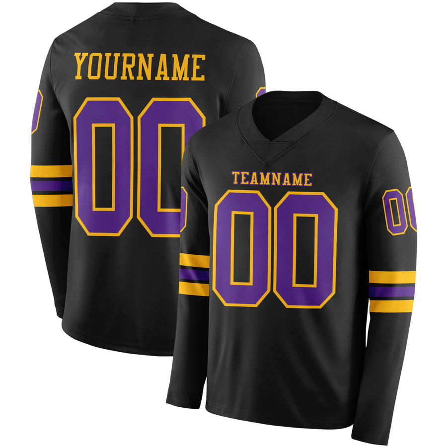 Custom Black Purple-Gold Long Sleeve Authentic Football Jersey