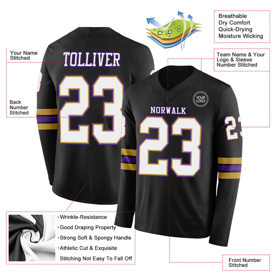 Custom Black White Old Gold-Purple Long Sleeve Authentic Football Jersey