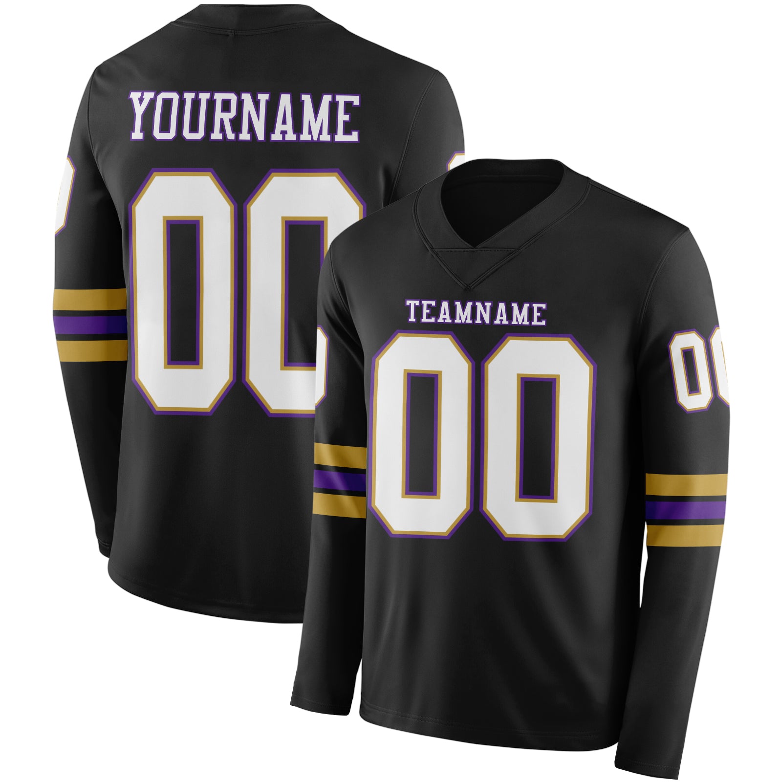 Custom Black White Old Gold-Purple Long Sleeve Authentic Football Jersey