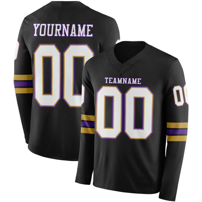 Custom Black White Old Gold-Purple Long Sleeve Authentic Football Jersey