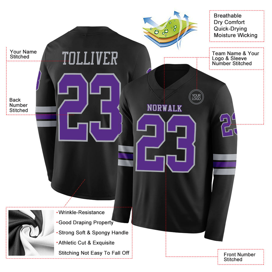 Custom Black Purple-Gray Long Sleeve Authentic Football Jersey