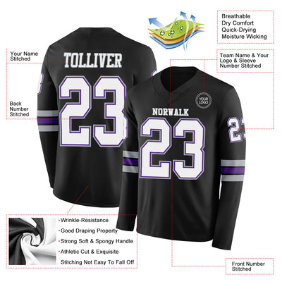 Custom Black White Purple-Gray Long Sleeve Authentic Football Jersey