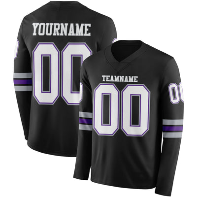 Custom Black White Purple-Gray Long Sleeve Authentic Football Jersey