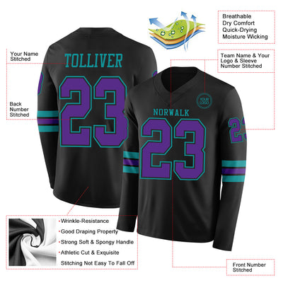 Custom Black Purple-Teal Long Sleeve Authentic Football Jersey