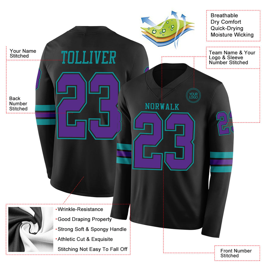 Custom Black Purple-Teal Long Sleeve Authentic Football Jersey