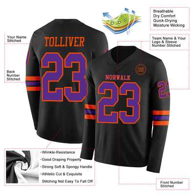 Custom Black Purple-Orange Long Sleeve Authentic Football Jersey