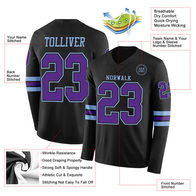Custom Black Purple-Light Blue Long Sleeve Authentic Football Jersey