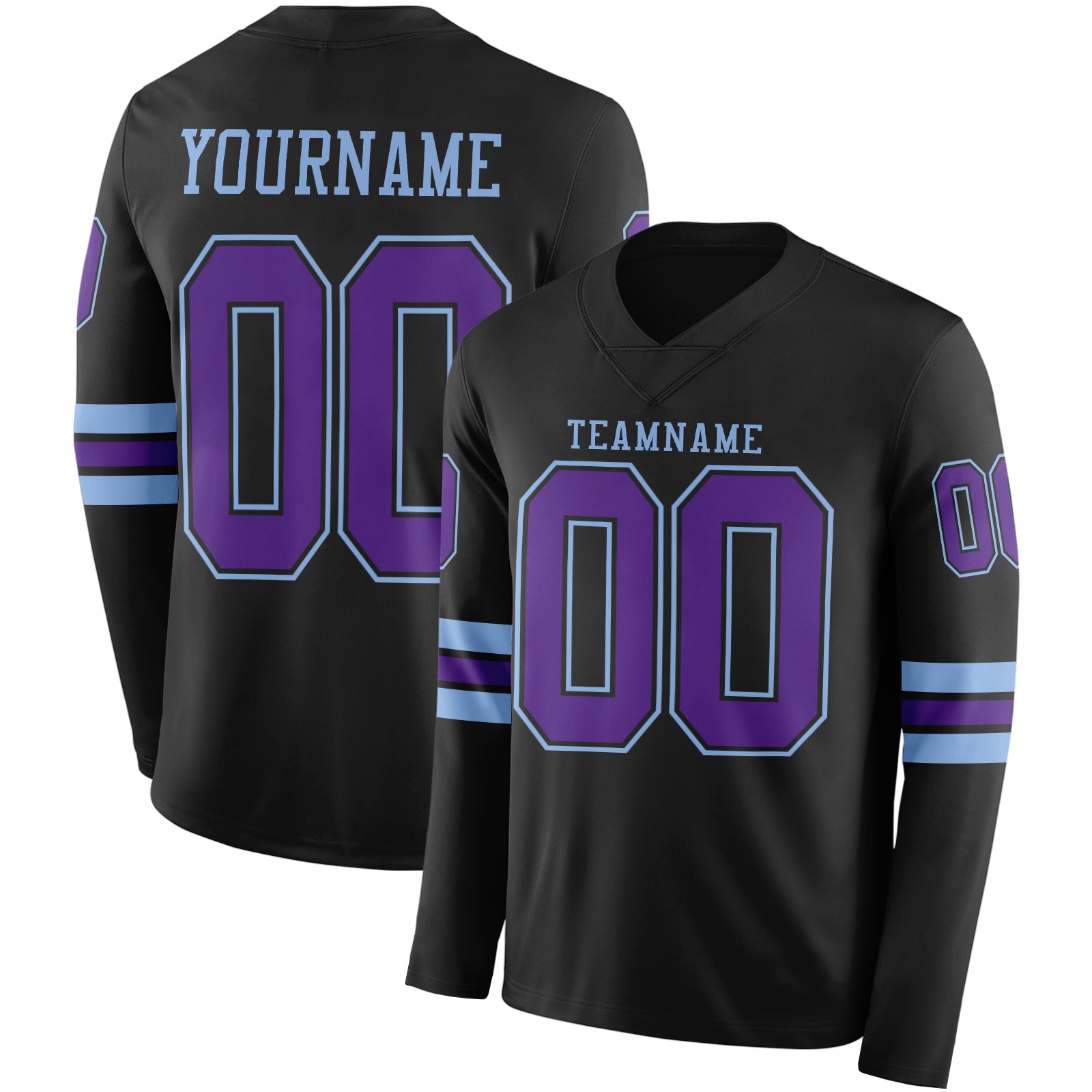 Custom Black Purple-Light Blue Long Sleeve Authentic Football Jersey