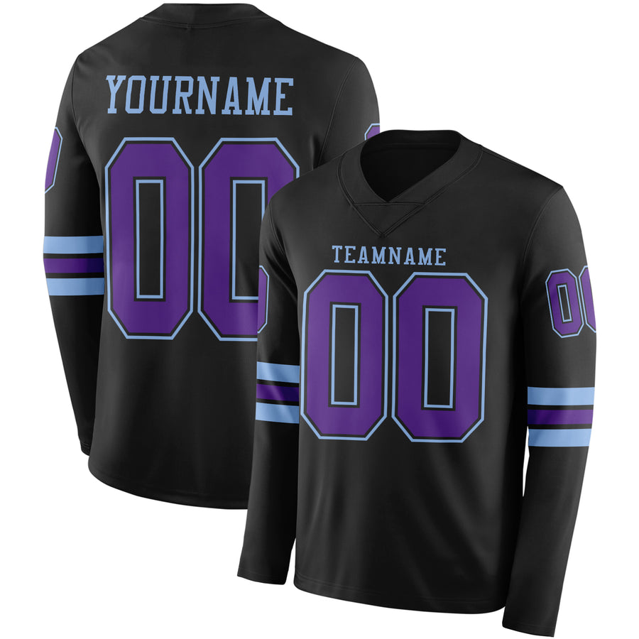 Custom Black Purple-Light Blue Long Sleeve Authentic Football Jersey