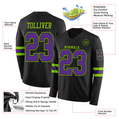 Custom Black Purple-Neon Green Long Sleeve Authentic Football Jersey