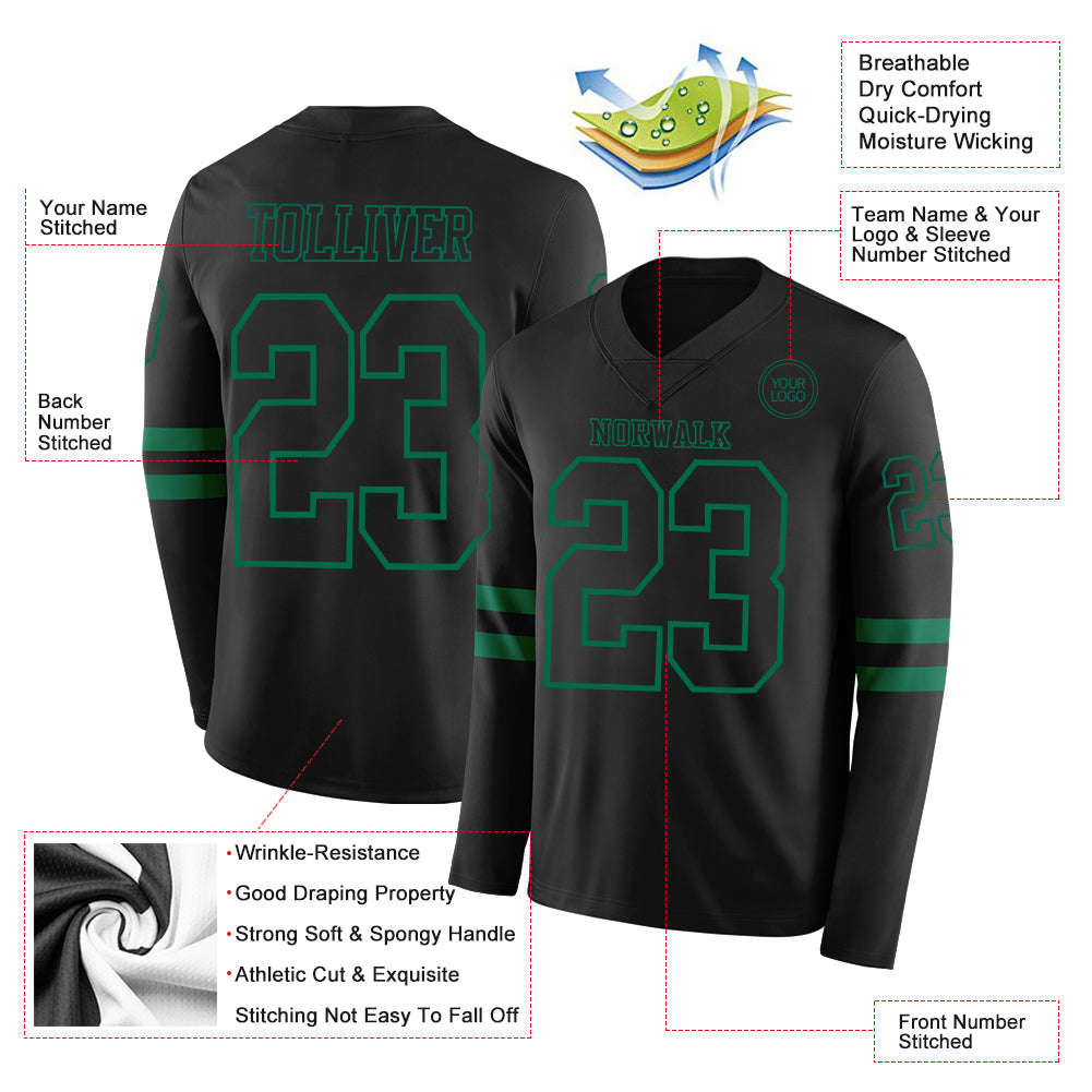 Custom Black Kelly Green Long Sleeve Authentic Football Jersey