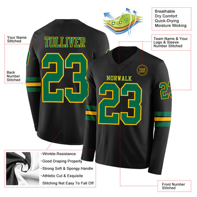 Custom Black Kelly Green-Gold Long Sleeve Authentic Football Jersey