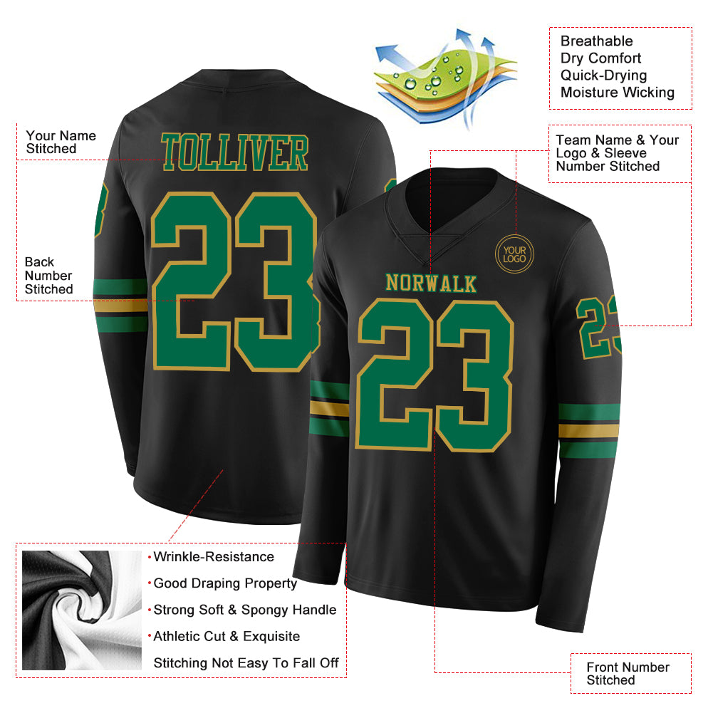 Custom Black Kelly Green-Old Gold Long Sleeve Authentic Football Jersey
