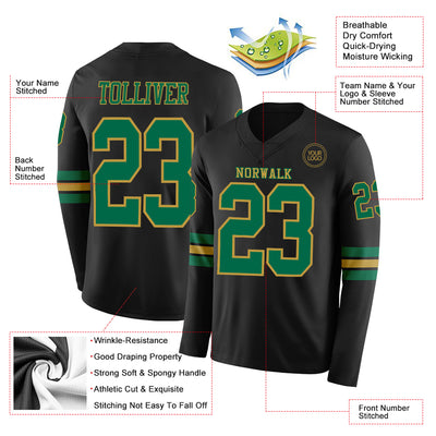 Custom Black Kelly Green-Old Gold Long Sleeve Authentic Football Jersey