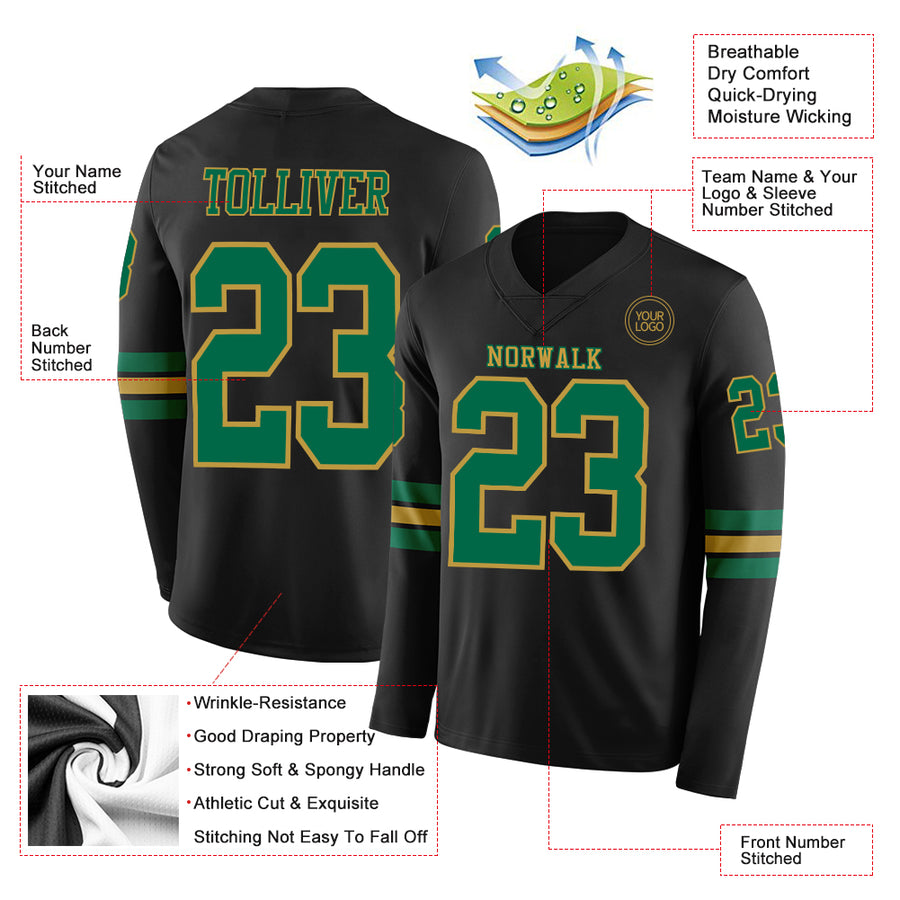 Custom Black Kelly Green-Old Gold Long Sleeve Authentic Football Jersey