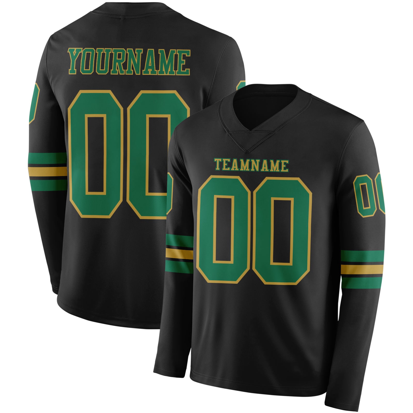 Custom Black Kelly Green-Old Gold Long Sleeve Authentic Football Jersey